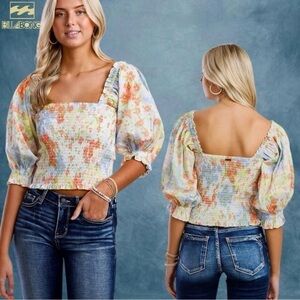 BILLABONG‎ Feeling Groovy Smocked Cropped Puff Sleeve Floral Print Top LG